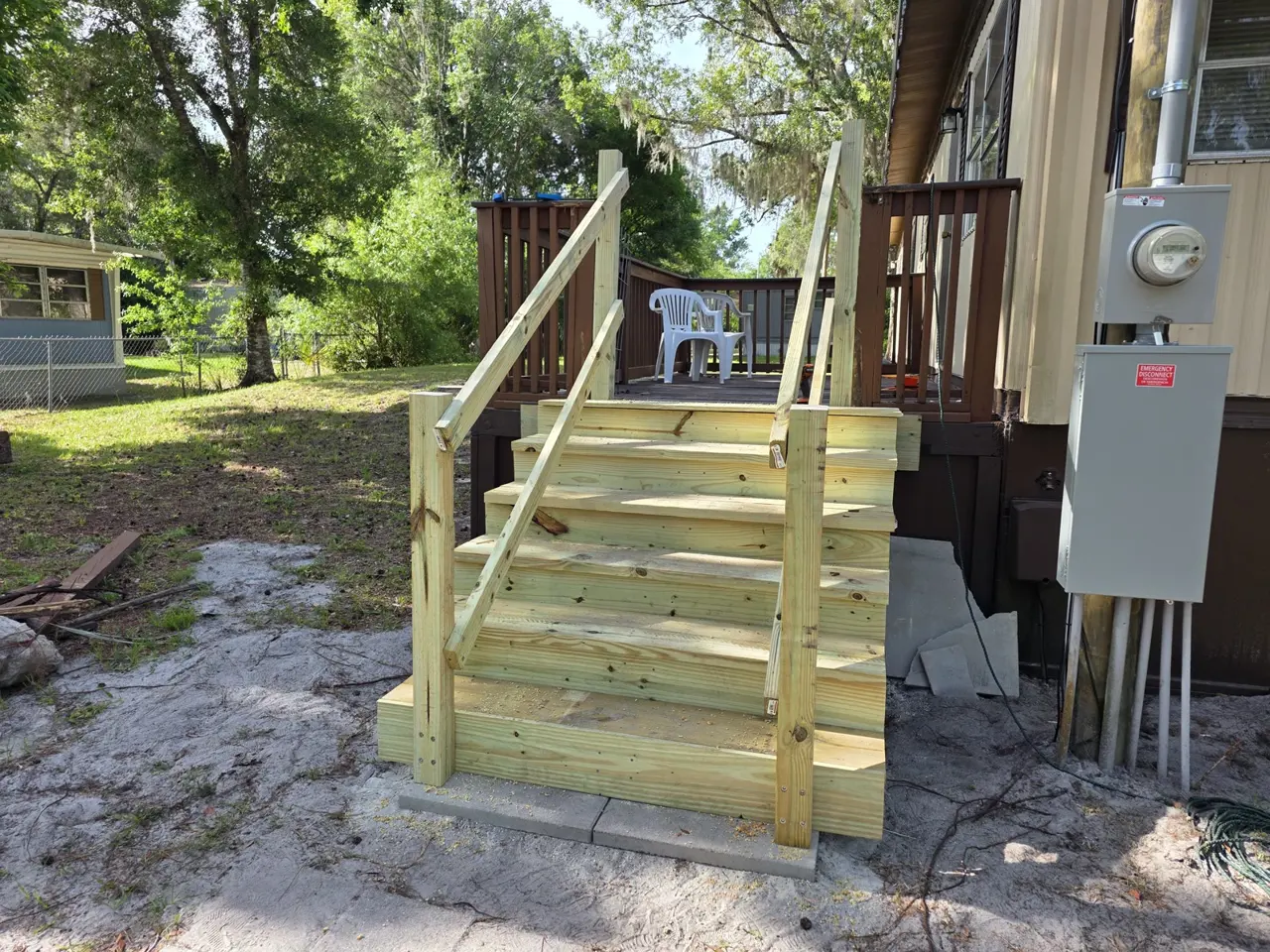 Deck stairs and railings under construction